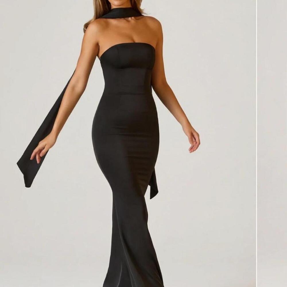 Oh Polly Mandi scarf detail strapless gown in black. Size 4